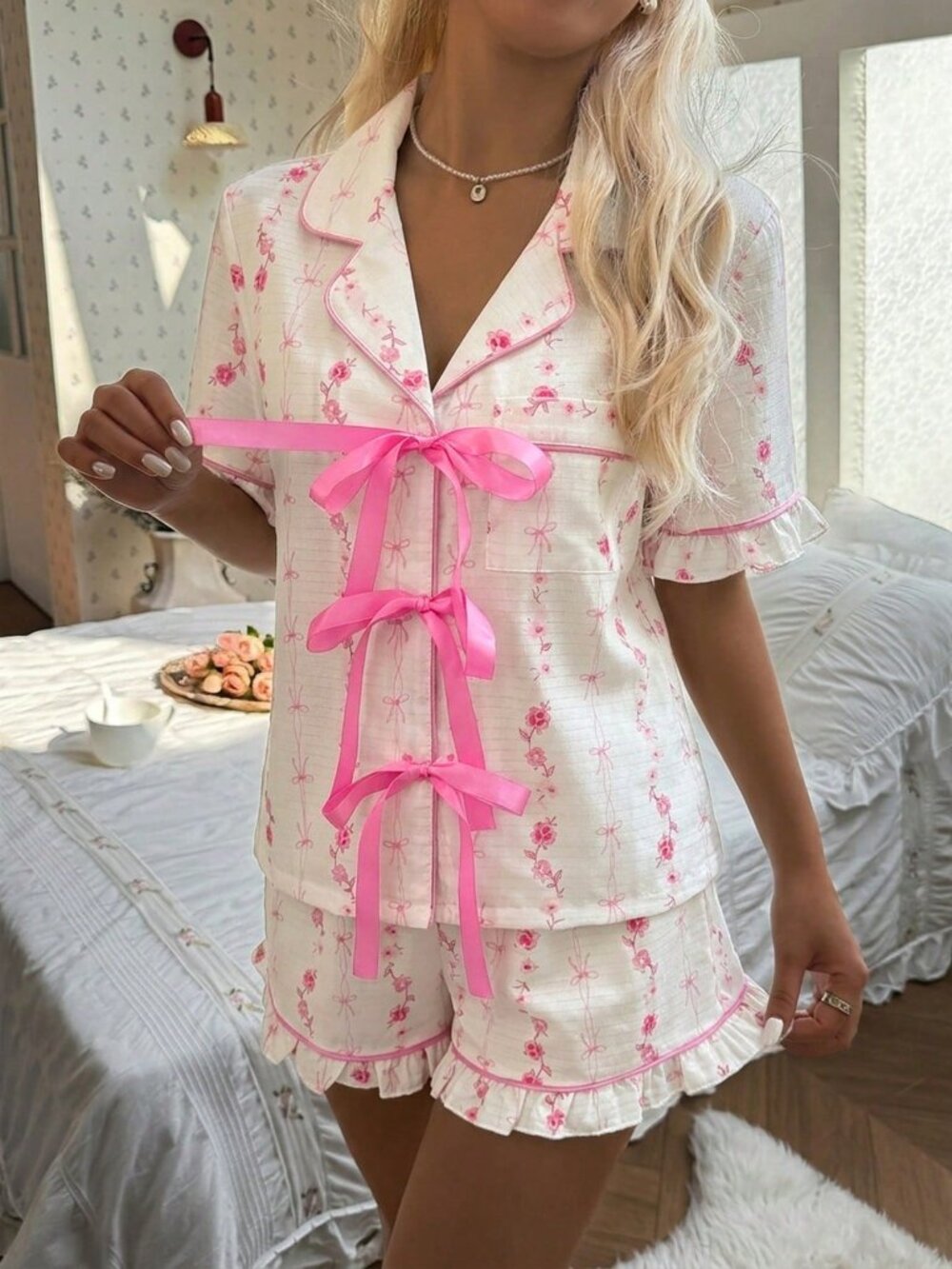 Multicolor Romantic Floral Print Women's Bow Tie French Drawstring Pajama Set - Picture 6 of 6